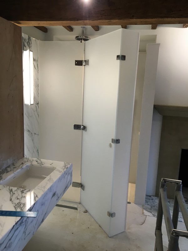 Bespoke frosted glass shower enclosure in Camberwell luxury bathroom